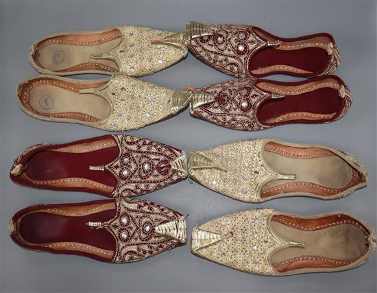 Four pairs of silver and gold coloured embroidered Turkish style slippers